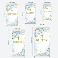 Lofaris Blue Floral Gold Cross Bautizo Baptism Rectangle Backdrop
