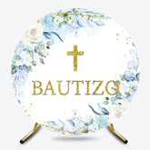 Lofaris Blue Floral Gold Cross Glitter Round Baptism Backdrop