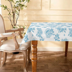 Lofaris Blue Floral Pattern Rectangle Tablecloth Elegant Line Art Flowers Wedding Bridal Shower Party Decor
