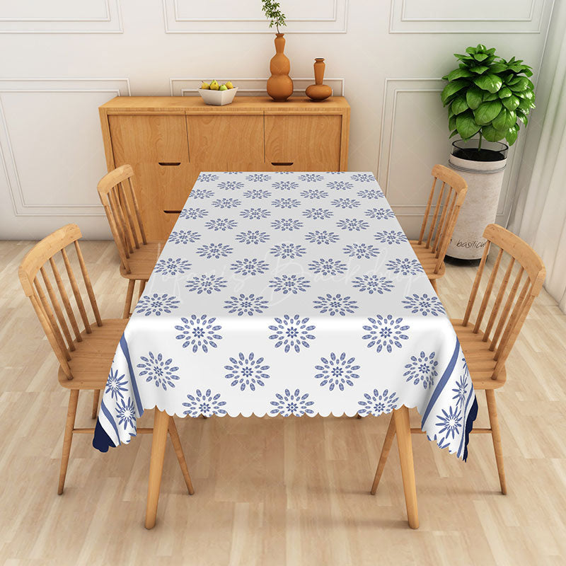 Lofaris Blue Floral Pattern White Rectangle Tablecloth