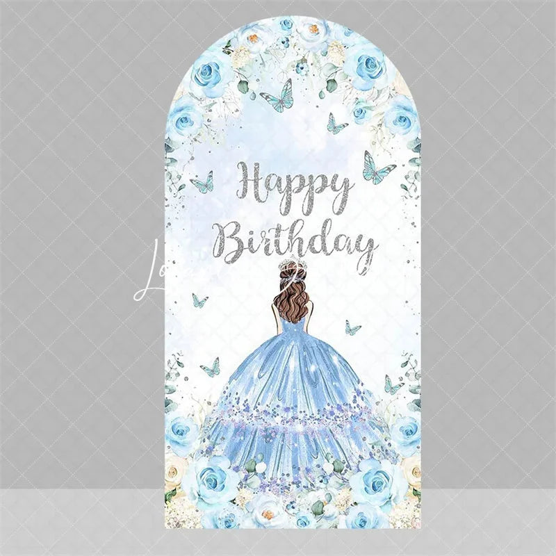 Lofaris Blue Floral Princess Happy Birthday Arch Backdrop Butterfly Girl Party Decoration Banner for Sweet 16 Celebration