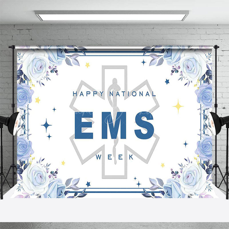 Lofaris Blue Floral Sparkle Happy National EMS Week Backdrop