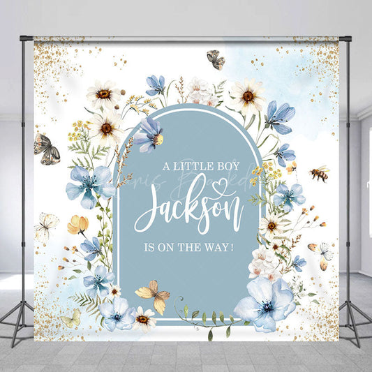 Lofaris Blue Floral Spring Custom Name Baby Shower Backdrop