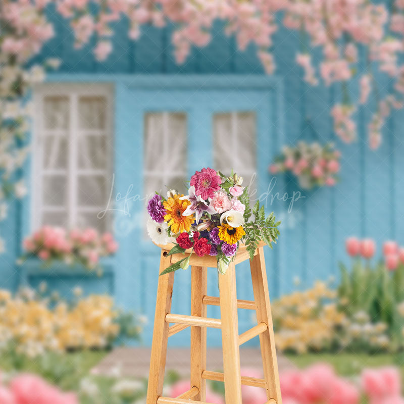 Lofaris Blue Garden House Greenery Floral Spring Backdrop
