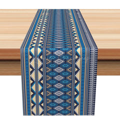 Lofaris Blue Geometric Tribal Table Runner for Aztec and Bohemian Inspired Kitchen Dining Room Decor
