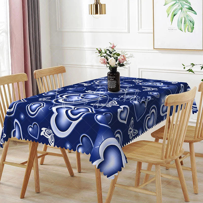 Lofaris Blue Glowing Heart Butterfly Rectangle Tablecloth Neon Light Love Pattern Modern Cool Tone Dining Decor