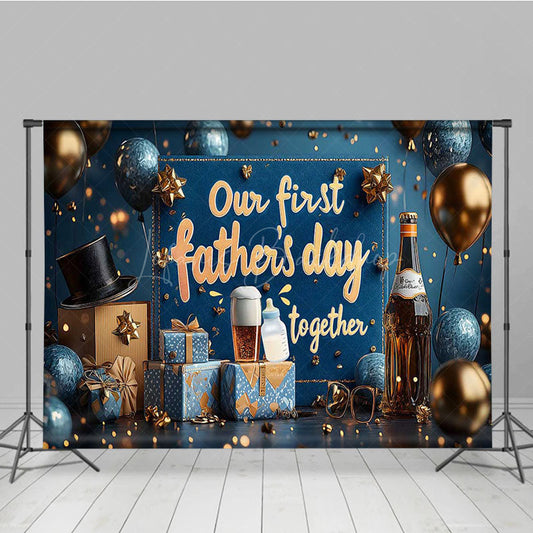 Lofaris Blue Gold Balloons Box Happy 1st Fathers Day Backdrop