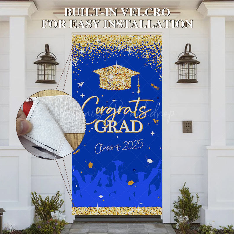 Lofaris Blue Gold Glitter Class 2025 Congrats Grad Door Cover