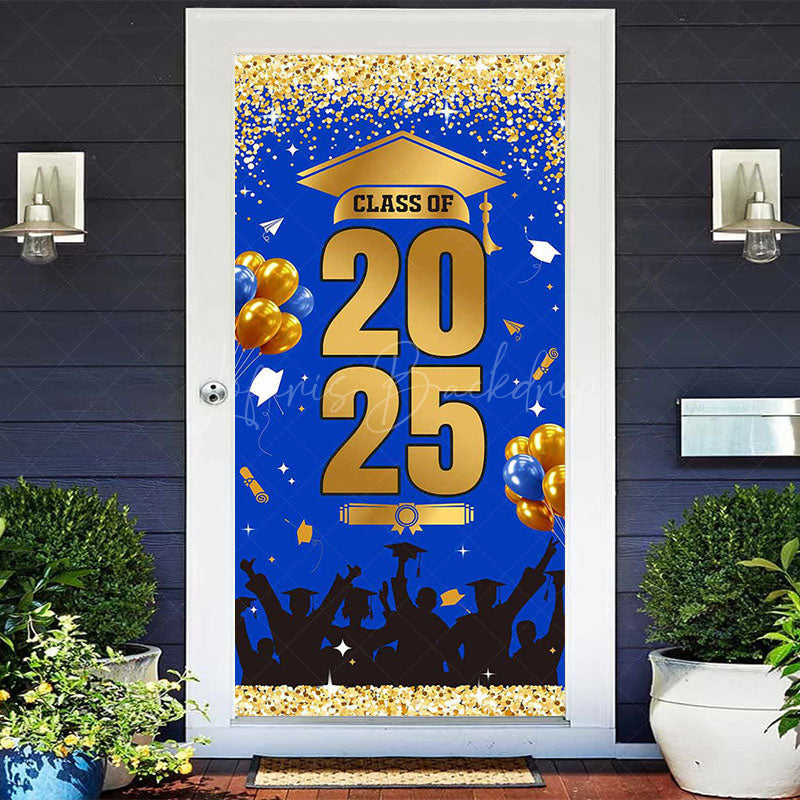Lofaris Blue Gold Glitter Class of 2025 Graduation Door Cover