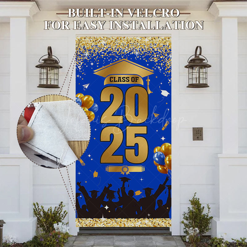 Lofaris Blue Gold Glitter Class of 2025 Graduation Door Cover