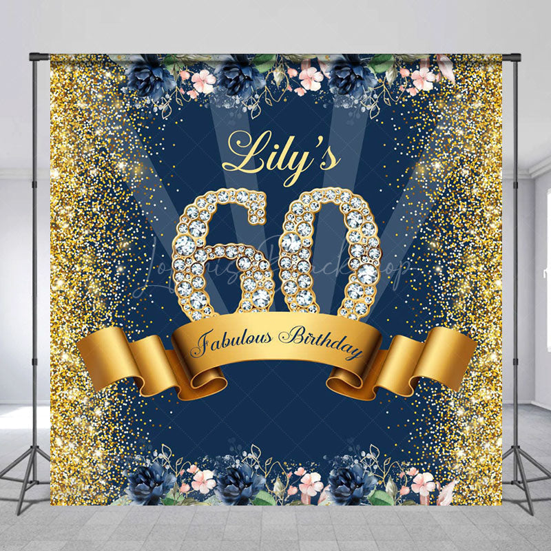Lofaris Blue Gold Glitter Floral Custom 60th Birthday Backdrop