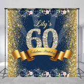 Lofaris Blue Gold Glitter Floral Custom 60th Birthday Backdrop