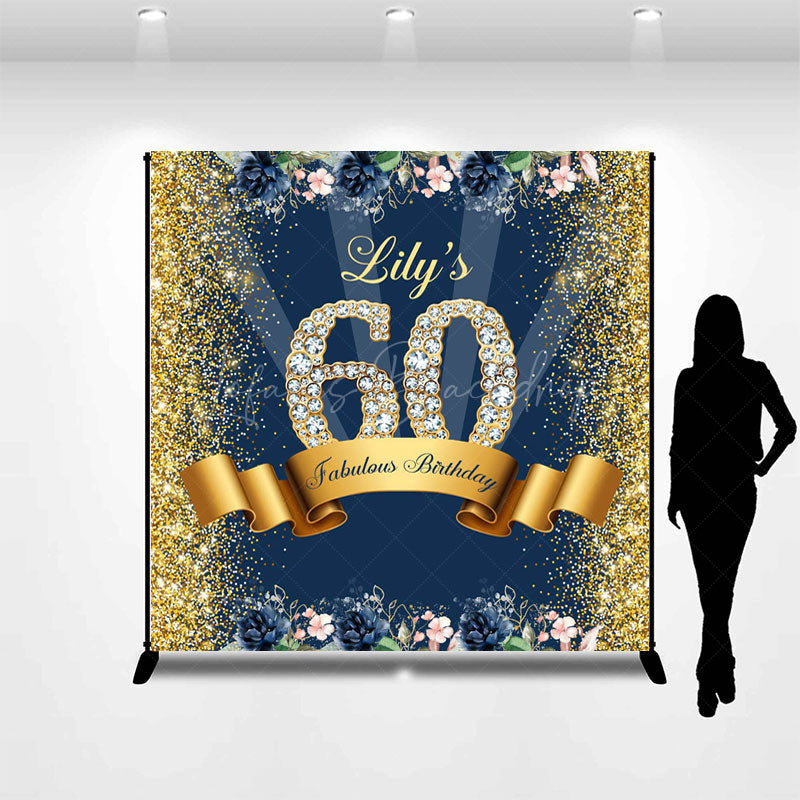 Lofaris Blue Gold Glitter Floral Custom 60th Birthday Backdrop