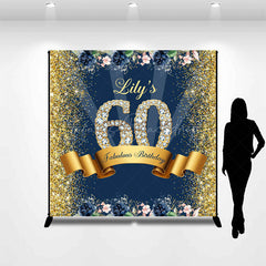 Lofaris Blue Gold Glitter Floral Custom 60th Birthday Backdrop