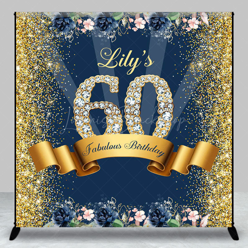 Lofaris Blue Gold Glitter Floral Custom 60th Birthday Backdrop