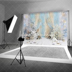 Lofaris Blue Gold Glitter Snowflake Winter Photography Backdrop Elegant Wonderland Holiday Celebration Party Decor