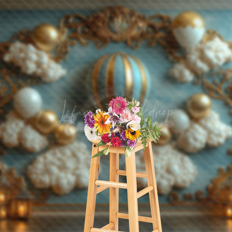 Lofaris Blue Gold Luxury Balloons Cloud Cake Smash Backdrop