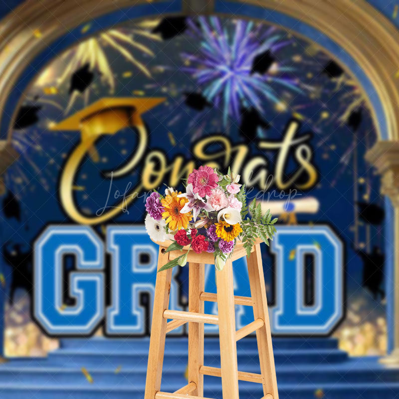 Lofaris Blue Gold Palace Arch Sparkle Congrats Grad Backdrop