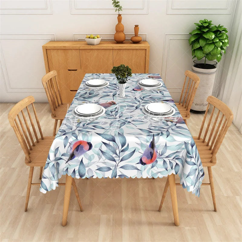 Lofaris Blue Green Leaves and Charming Birds Rectangle Tablecloth with Scalloped Edge Elegant Botanical Dining Room Decor