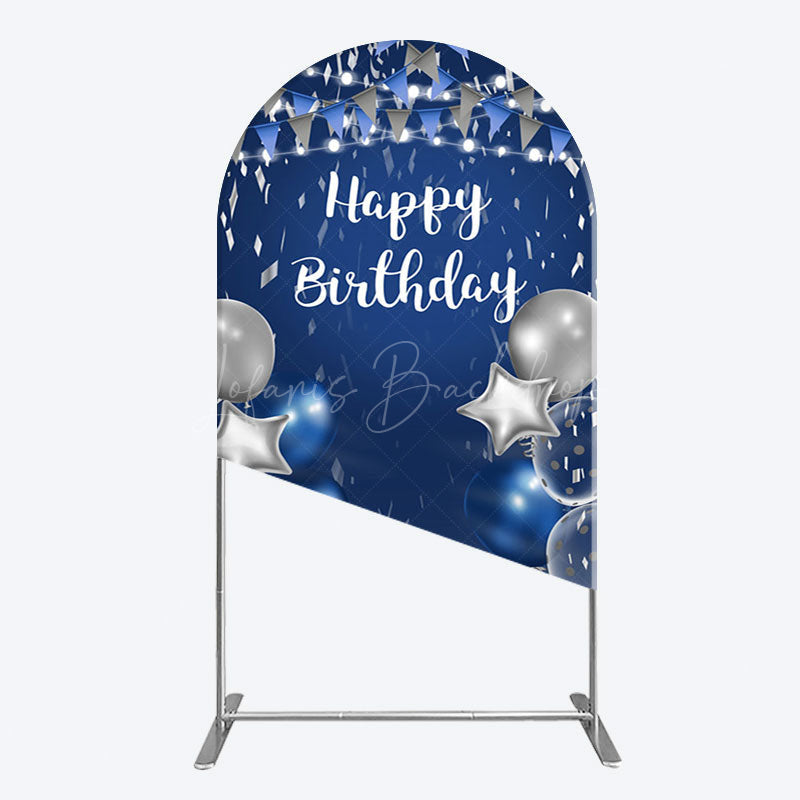 Lofaris Blue Grey Balloon Flags Happy Birthday Arch Backdrop