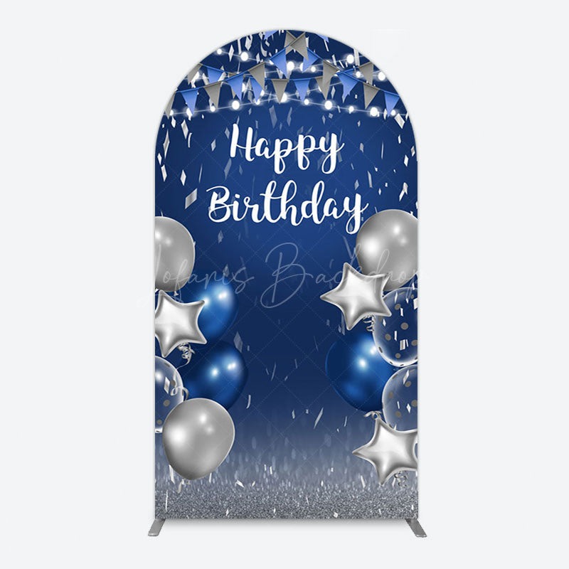 Lofaris Blue Grey Balloon Flags Happy Birthday Arch Backdrop