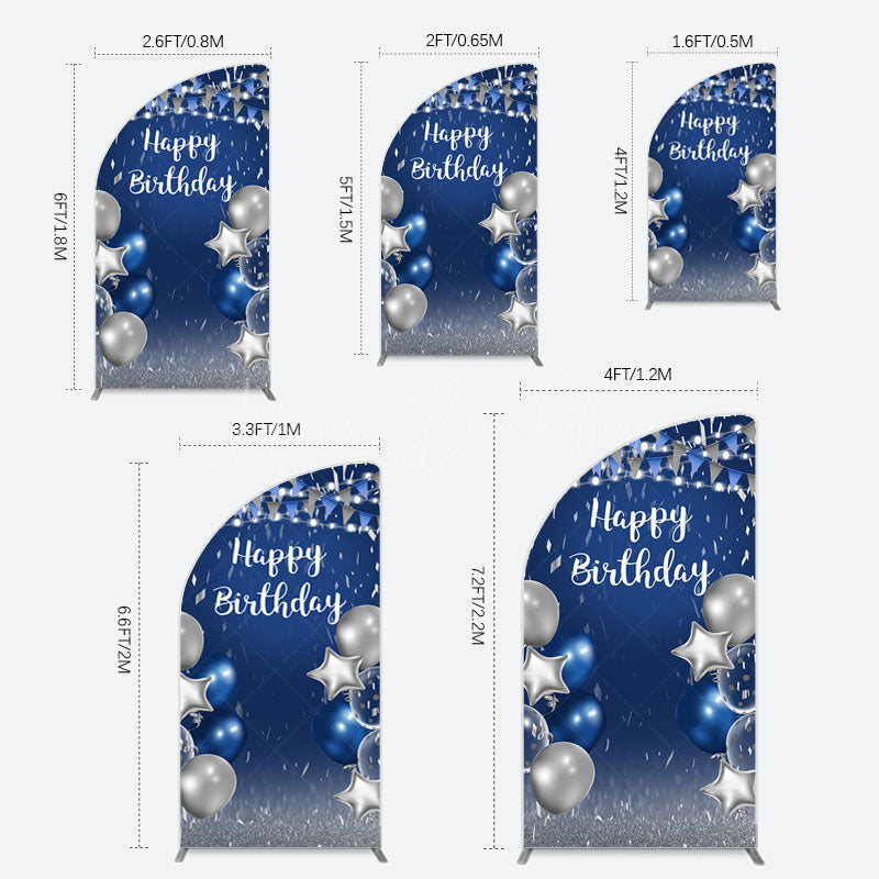 Lofaris Blue Grey Balloon Flags Happy Birthday Half Moon Arch Backdrop