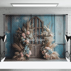 Lofaris Blue Grey Wall Wood Door Boho Floral Wedding Backdrop