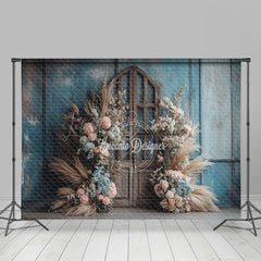 Lofaris Blue Grey Wall Wood Door Boho Floral Wedding Backdrop