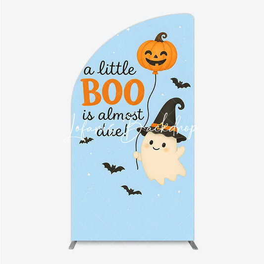 Lofaris Blue Half Moon Arch Backdrop with Cute Ghost Pumpkin Balloon A Little Boo Is Almost Due Halloween Baby Shower Decor