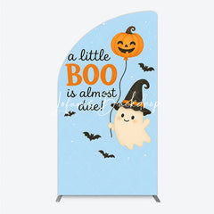 Lofaris Blue Half Moon Arch Backdrop with Cute Ghost Pumpkin Balloon A Little Boo Is Almost Due Halloween Baby Shower Decor