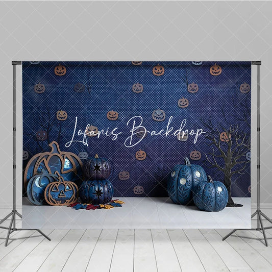 Lofaris Blue Halloween Pumpkin and Bare Tree Photography Backdrop Spooky Jack Lantern Holiday Party Portrait Background