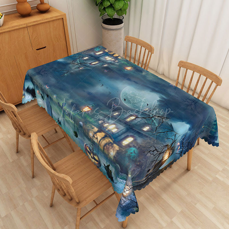 Lofaris Blue Halloween Rectangle Tablecloth with Jack O’ Lantern Faces for Unique and Spooky Kids Party Decor