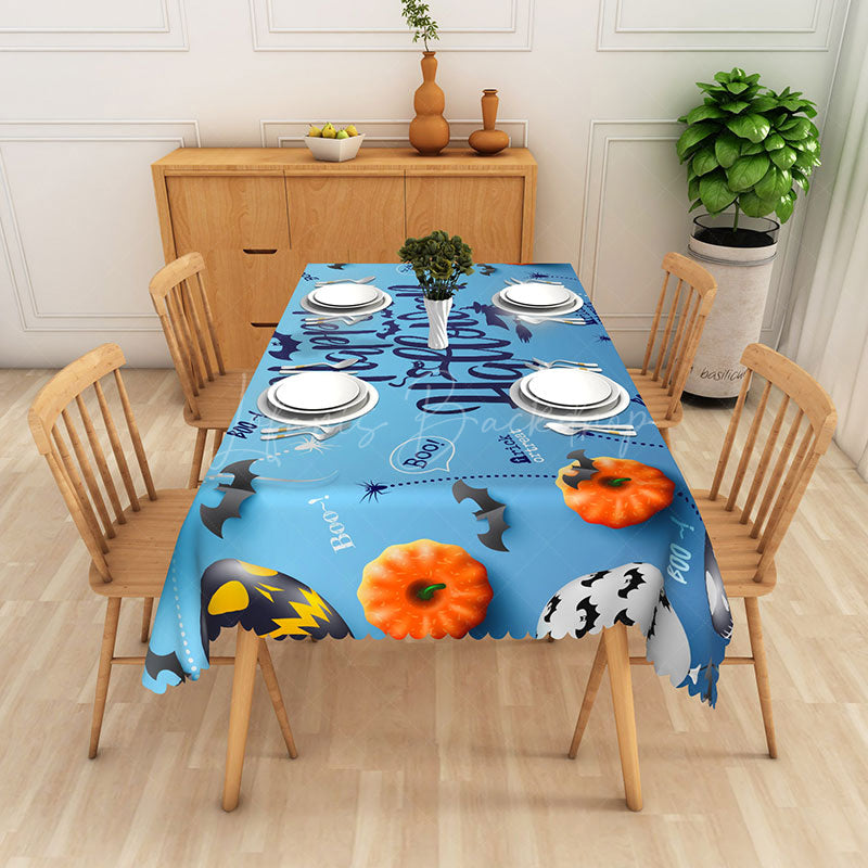 Lofaris Blue Halloween Rectangle Tablecloth with Pumpkin Bat and Ghost for Unique Spooky Kids Party Decor