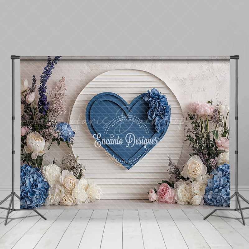 Lofaris Blue Heart on Shiplap Wall Photography Backdrop Floral Decor for Wedding Valentine’s Day Photo Background