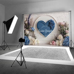 Lofaris Blue Heart on Shiplap Wall Photography Backdrop Floral Decor for Wedding Valentine’s Day Photo Background