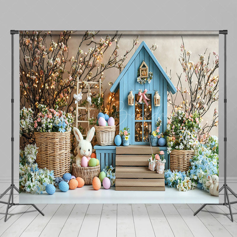 Lofaris Blue House Bunny Egg Floral Easter Room Set Backdrop