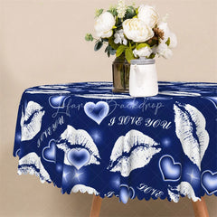 Lofaris Blue Lip I Love You Round Tablecloth Romantic Kiss Mark Table Cover for Valentine Party