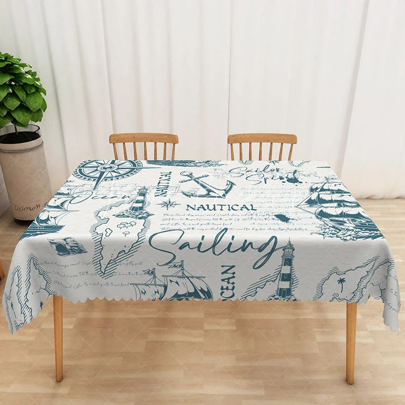 Lofaris Blue Nautical Ship Rectangle Tablecloth Ocean Sailboat Compass Table Cover Coastal Beach House Decor