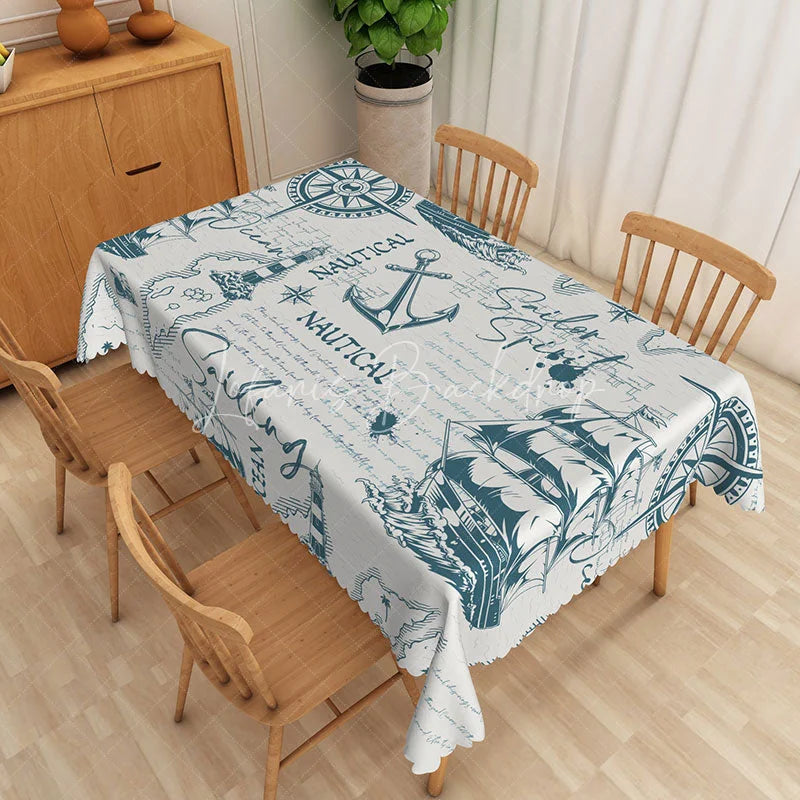 Lofaris Blue Nautical Ship Rectangle Tablecloth Ocean Sailboat Compass Table Cover Coastal Beach House Decor