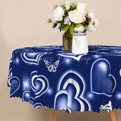 Lofaris Blue Neon Heart Butterfly Round Tablecloth Glowing Love Pattern Table Cover for Wedding
