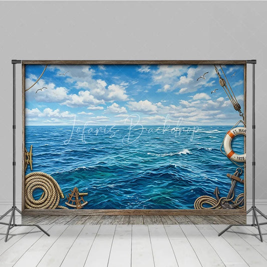 Lofaris Blue Ocean and Sky Photography Backdrop Vintage Nautical Wooden Frame for Sea Adventure Theme