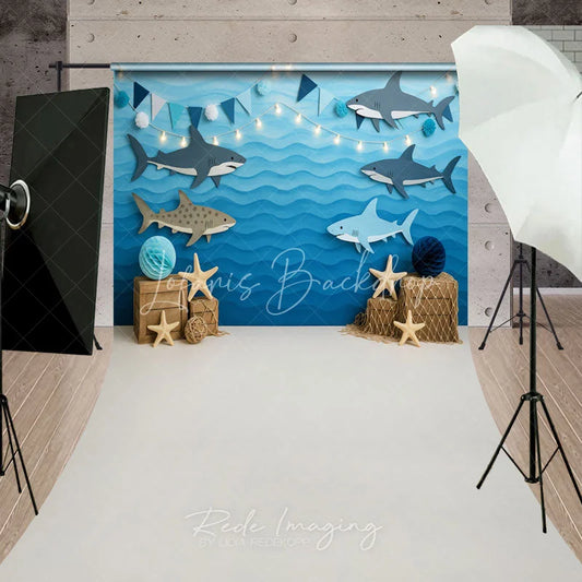 Lofaris Blue Ocean Shark Sweep Backdrop Kids Birthday Party Decor with Nautical Elements