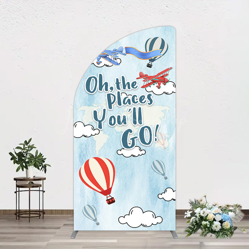 Lofaris Blue Oh The Places You Go Happy Birthday Half Moon Arch Backdrop