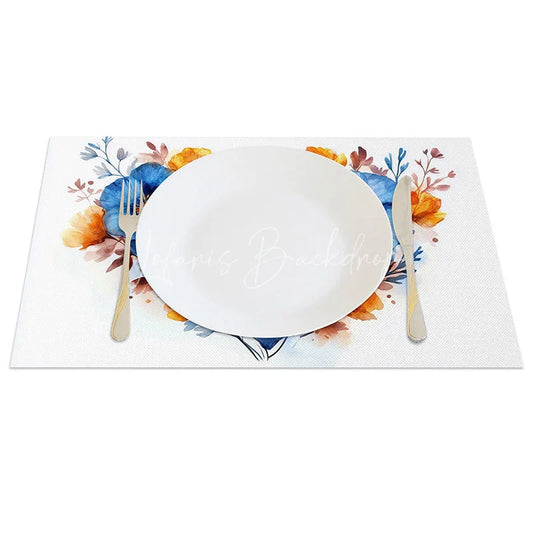 Lofaris Blue Orange Floral Heart Set of 4 Placemats Watercolor Flower Valentine Decoration Spring Love Table Mat