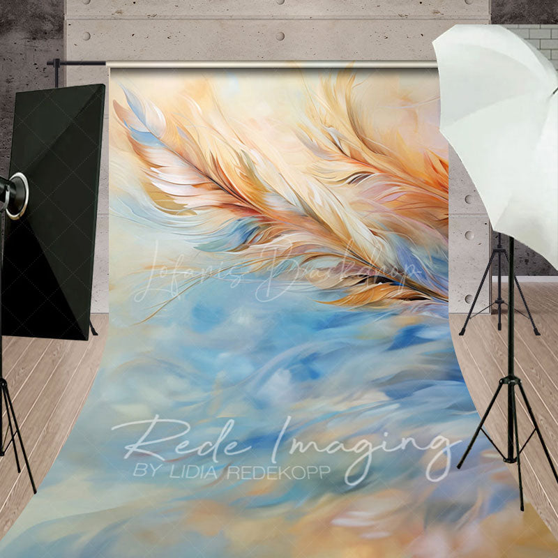 Lofaris Blue Orange Warm Tone Feathers Fine Art Sweep Backdrop