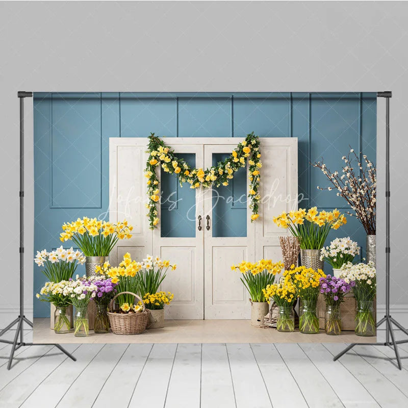 Lofaris Blue Paneled Wall and White Doors Photography Backdrop Yellow Rose Garland Spring Floral Decor