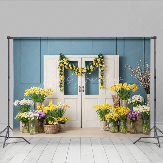 Lofaris Blue Paneled Wall and White Doors Photography Backdrop Yellow Rose Garland Spring Floral Decor