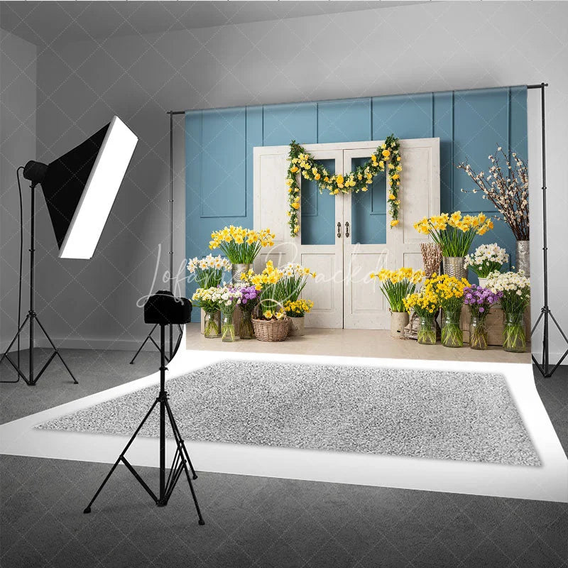 Lofaris Blue Paneled Wall and White Doors Photography Backdrop Yellow Rose Garland Spring Floral Decor
