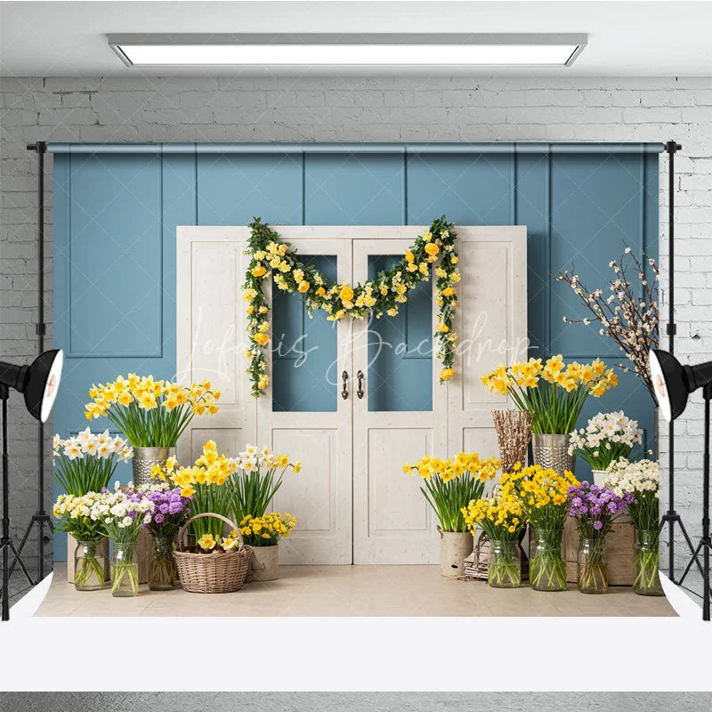 Lofaris Blue Paneled Wall and White Doors Photography Backdrop Yellow Rose Garland Spring Floral Decor