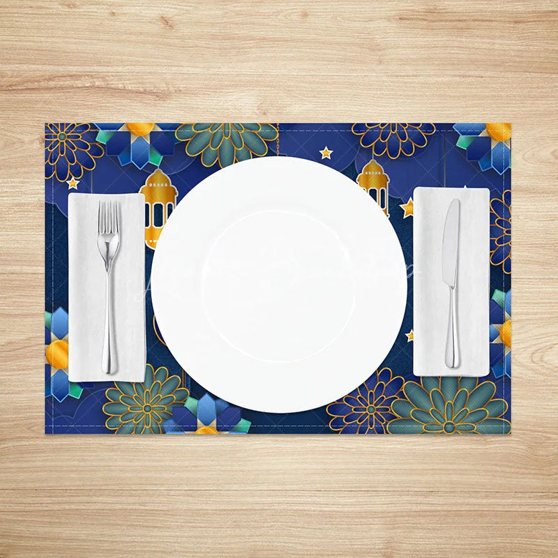Lofaris Blue Paper Cut Floral Ramadan Set of 4 Placemats 3D Style Golden Lantern and Stars Eid Mubarak Table Mats